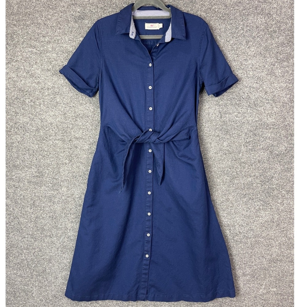 Vineyard Vines Womens Navy Blue Linen Blend Tie Front Button Down Midi Dress 4